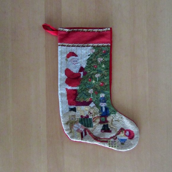 Red & green vintage needlepoint Christmas 14" stocking - Santa, toys and tree - Picture 2 of 7